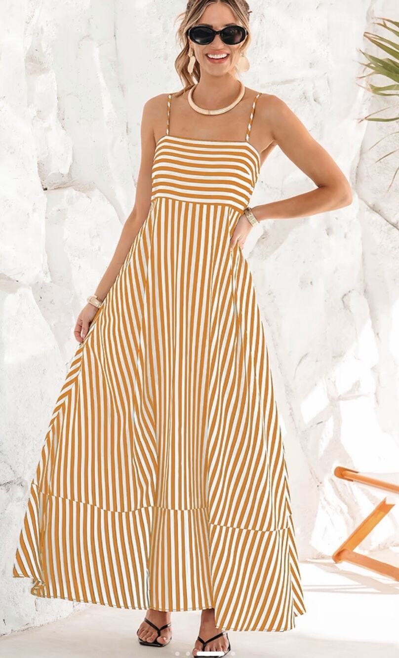 Cupshe Women's Orange White Striped Maxi Sundress SquareNeck Adjustable Straps L